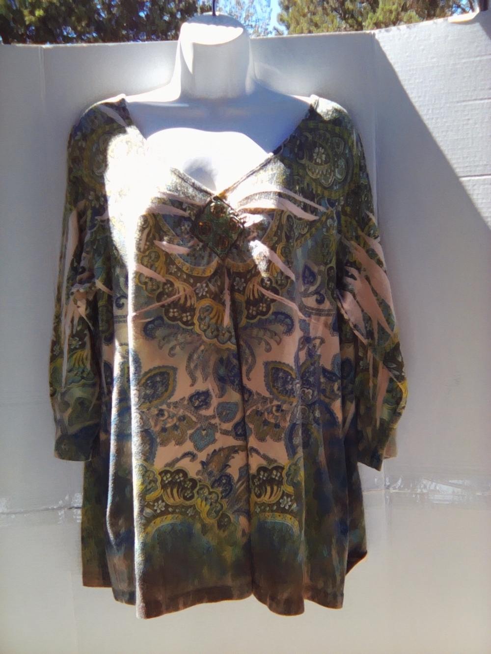 Boho Paisley V-Neck Tunic Top in Olive and Beige